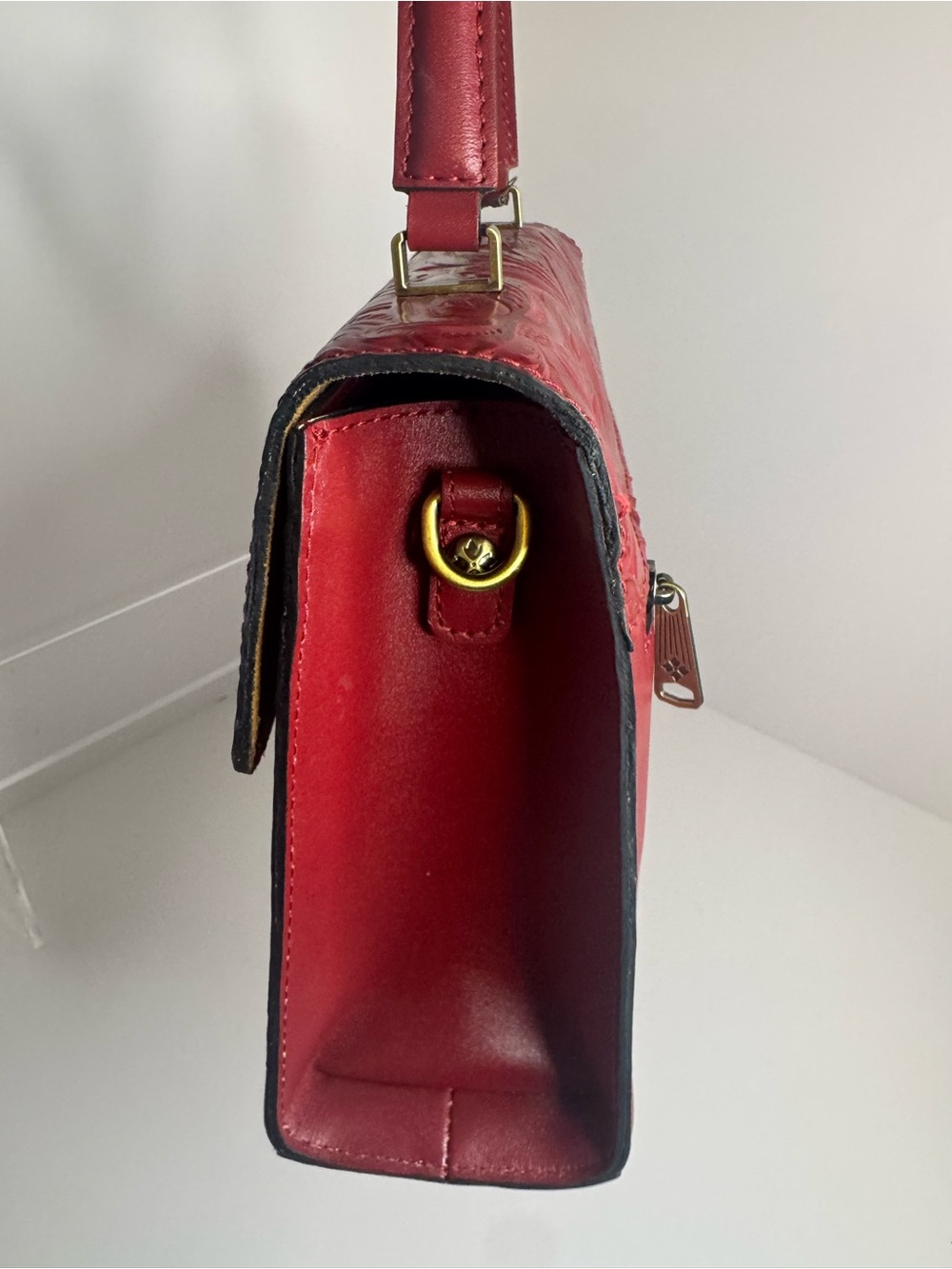 #438 Patricia Nash NWT Chauny Red Floral Burnished Tooled Leather Two-Way Bag - Picture 12 of 15